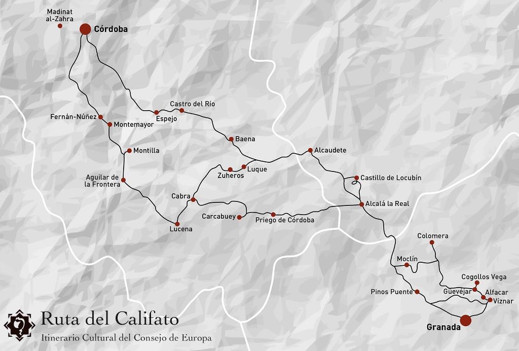 espagne23 Ruta del Califato - Mapa ilustración con nombres de los pueblos destacados de la ruta